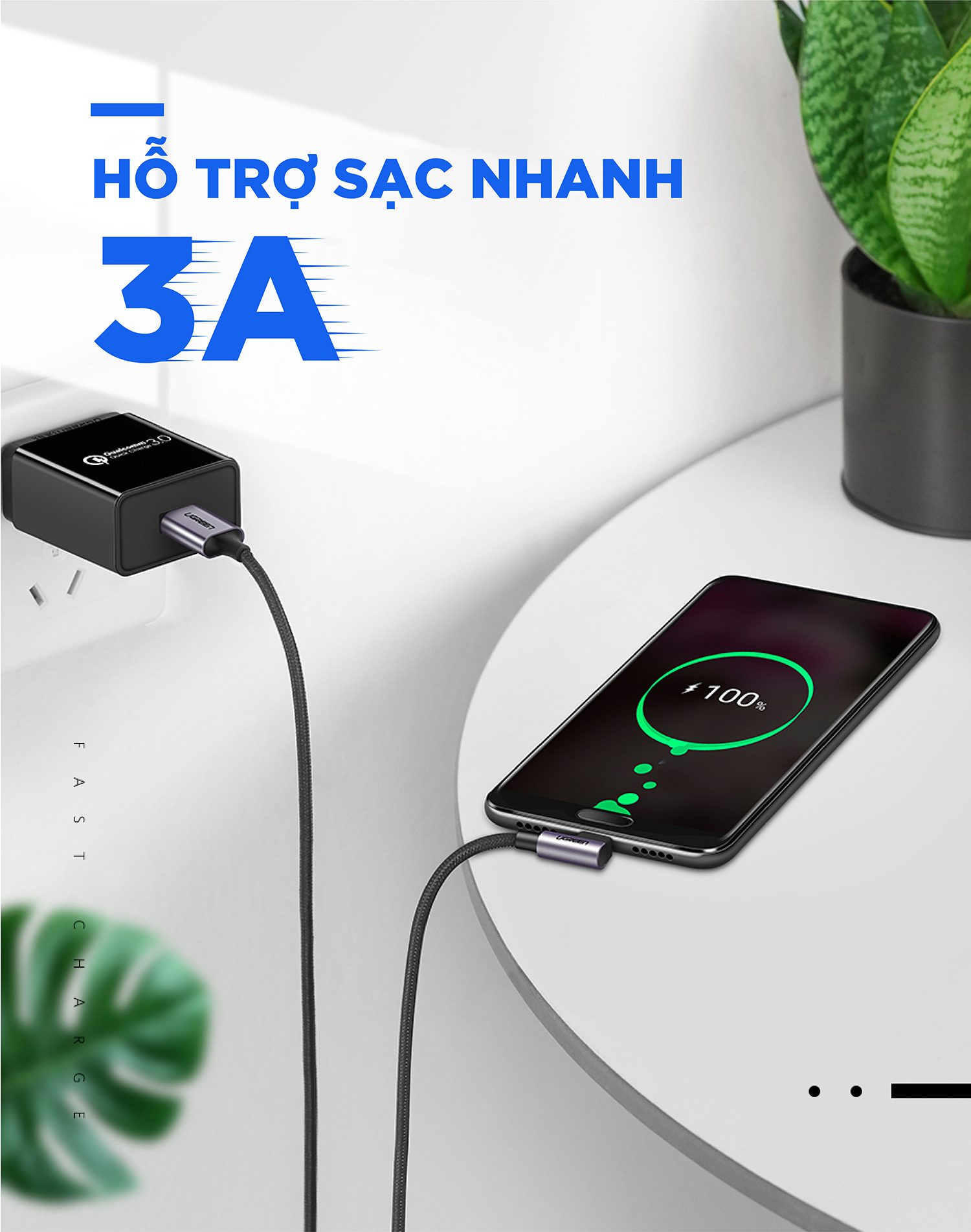 Cáp sạc nhanh type vuông góc Ugreen sạc nhanh 3A